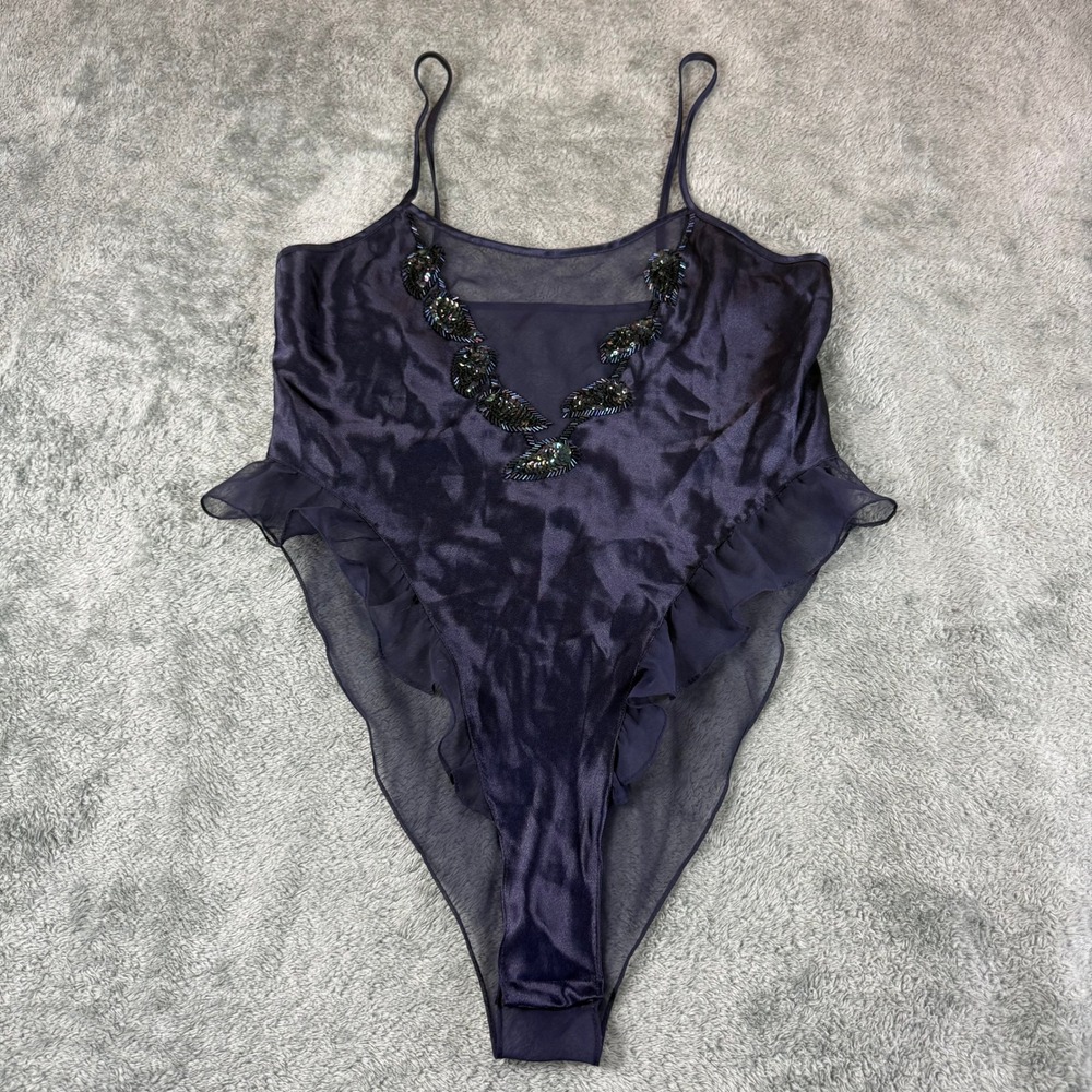 Vintage Victoria Secret Gold Label Purple Sequin Beaded High Cut Bodysuit‎ Small